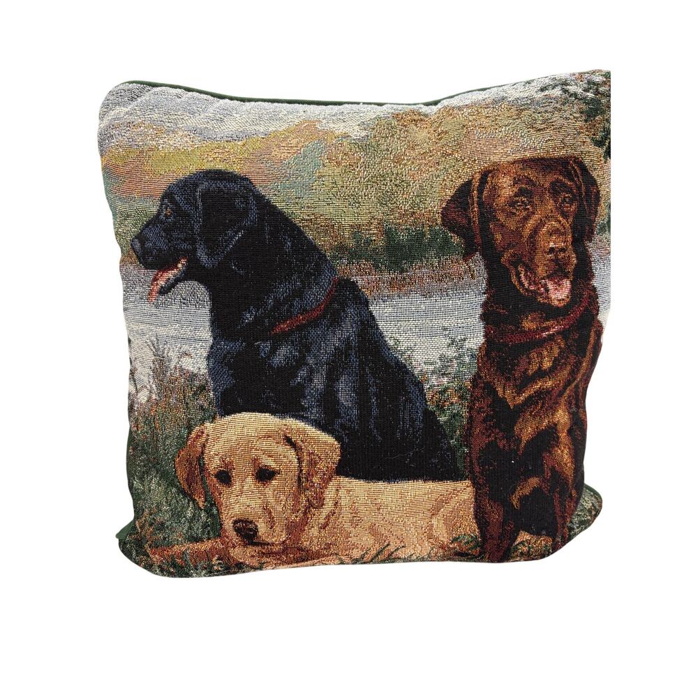 Linda Picken black/chocolate and yellow Labrador retrievers accent pillow